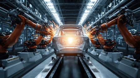 A dynamic scene of an advanced robotic assembly line in automotive manufacturing, showcasing high-tech machines and vibrant sparks during production.の素材