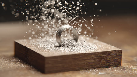 A beautiful silver ring resting on a wooden platform, surrounded by a captivating display of fine dust particles glimmering in soft light.の素材