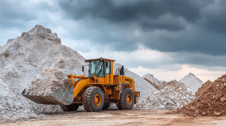 A heavy loader is seen operating in a gravel yard, lifting and moving materials amid sand piles under a moody cloudy sky, signifying active construction work.の素材
