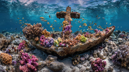This stunning underwater photograph captures a shipwreck anchor adorned with vibrant coral and surrounded by tropical fish, illustrating the beauty of marine ecosystems and the tranquility of ocean exploration.の素材