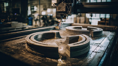 A glimpse into a modern industrial workshop showcasing advanced CNC machines cutting materials with precision. Ideal for technology and manufacturing themes.の素材