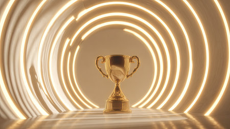A stunning golden trophy stands at the center, illuminated by mesmerizing circular light patterns, symbolizing victory and achievement in a modern design.の素材