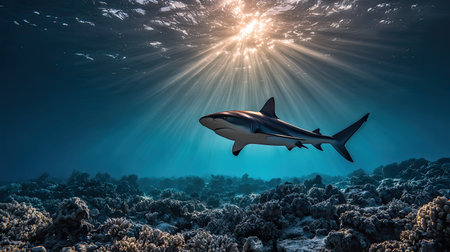 A stunning underwater scene showcasing a shark gracefully swimming through a vibrant coral reef. Sunlight breaks the surface, illuminating the ocean depths.の素材