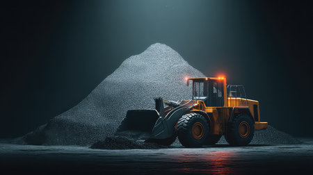 A powerful loader showcases its capabilities as it approaches a large gravel mound under dramatic lighting. The image symbolizes strength and efficiency in construction.の素材