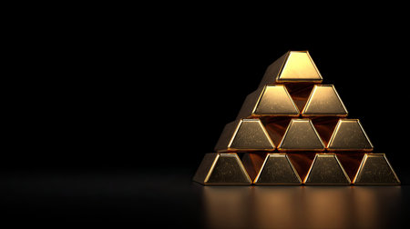 A striking arrangement of gold bullion bars forms a neat pyramid shape, symbolizing wealth and prosperity. The reflective surface adds depth to the scene.の素材