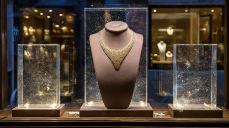 This image captures an elegant jewelry display in a boutique, highlighting a stunning necklace surrounded by glass cases, emphasizing luxury and craftsmanship.の素材