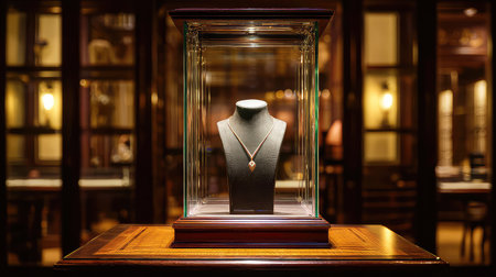 A stunning gold necklace elegantly displayed in a glass case, set within an upscale boutique, surrounded by a warm and inviting ambiance.の素材