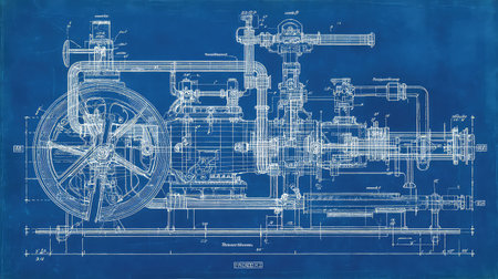 Detailed vintage blueprint showcasing a mechanical pump system with intricate engineering schematics. This illustration captures the essence of classic technical design in a vivid blue background. Perfect for industry-themed projects or artistic displays.の素材