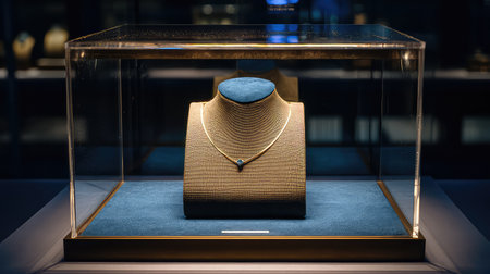 This captivating image features an elegant gold necklace showcased in a glass display case. The blue velvet background enhances the luxurious design, illuminated by soft lighting.の素材