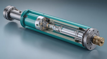 This image features a transparent hydraulic cylinder, expertly cut to showcase its intricate internal components and detailing against a smooth gradient background.の素材