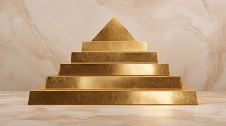 A stunning golden pyramid structure set against a soft marble background, perfect for luxury design projects and minimalist decor ideas.の素材