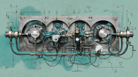 This vintage industrial machine features intricate details and retro aesthetics, showcasing mechanical components against a textured teal background. Perfect for artistic decor.の素材