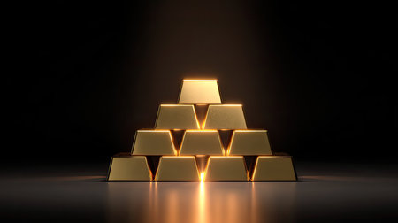 A striking arrangement of gleaming gold bars stacked in a pyramid shape, illuminated softly against a dark, elegant background, ideal for themes of wealth and investment.の素材
