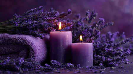 Two glowing purple candles stand amidst fresh lavender sprigs and a soft towel, creating a serene atmosphere ideal for relaxation and self-care rituals.の素材