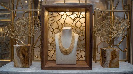 This stunning image features an elegant gold necklace displayed in a luxurious wooden frame, complemented by artistic elements and soft lighting, showcasing exquisite craftsmanship.の素材