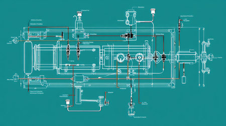 Explore a detailed technical blueprint of industrial machinery featuring outlined components and annotations for engineering and maintenance reference.の素材