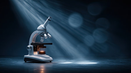 This high-quality image features a microscope elegantly placed in a darkened laboratory, illuminated by soft rays of light. The dramatic shadows enhance its modern design, making it ideal for educational, scientific, and professional uses.の素材