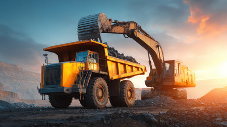 An impressive scene of heavy machinery at work in an open-pit mining site, showcasing a dump truck and excavator at sunset. The vibrant colors and shadows enhance the industrial landscape, illustrating the efficiency and power of modern construction equipment.の素材