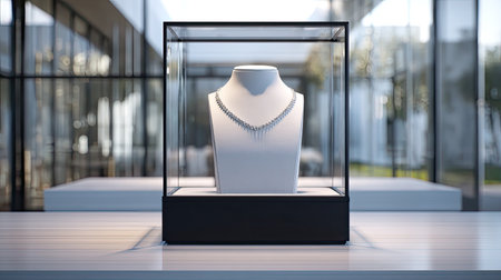 A stunning necklace showcased elegantly in a sleek glass display, capturing the essence of luxury and style in a modern jewelry store setting.の素材