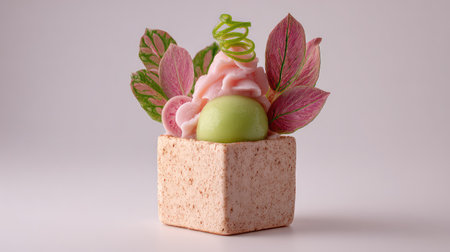 This exquisite square dessert features a vibrant green sorbet topped with delicate pink petals and lush leaves, showcasing modern culinary artistry.の素材