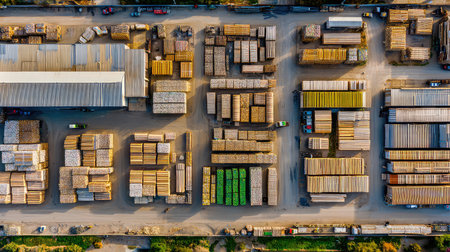 This aerial photograph captures a wood storage facility showcasing neatly organized lumber and materials in broad daylight, highlighting industrial efficiency.の素材