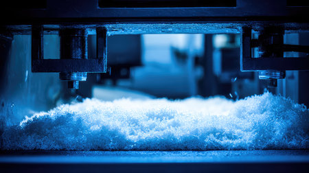 Close-up view of synthetic fiber production in an industrial setting, showcasing machinery with blue lighting and white material in focus, emphasizing modern technology.の素材