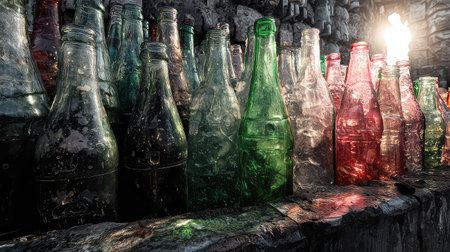 A captivating arrangement of vintage glass bottles in various colors rests against a textured stone wall, evoking a sense of nostalgia and artistry.の素材