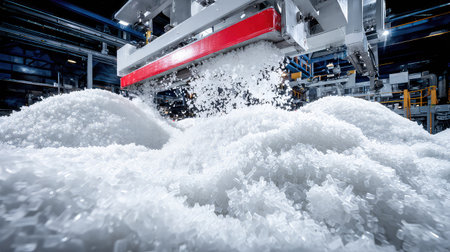 This image captures the dynamic scene of plastic granules being processed in a modern industrial facility, showcasing advanced machinery and raw materials in use.の素材