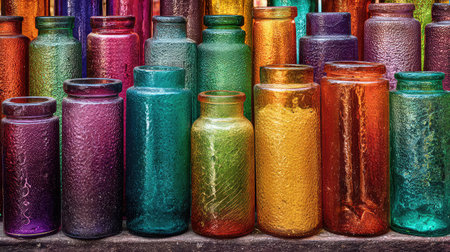 An appealing assortment of colorful glass jars and bottles arranged artistically, showcasing vibrant hues and unique textures, perfect for decoration ideas.の素材