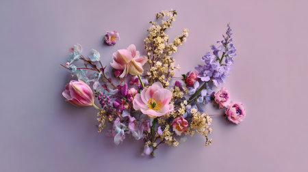 This photo features a stunning arrangement of pink and purple flowers set against a soft background, perfect for adding a touch of elegance and beauty.の素材