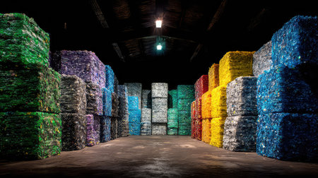 Vibrant bales of recycled materials stacked in an industrial warehouse create a striking visual. Dim lighting highlights the colorful stacks, symbolizing sustainability.の素材