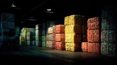 Stacked colorful bales of recycled plastic bottles fill a dimly lit warehouse, showcasing the importance of waste management and sustainability practices.の素材