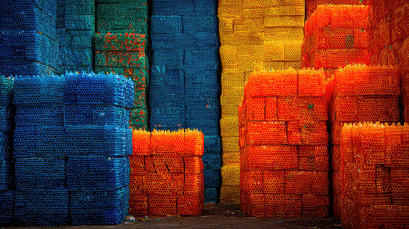 This image showcases a vibrant arrangement of interlocking plastic crates in varied colors, creating a visually striking pattern within a warehouse.の素材