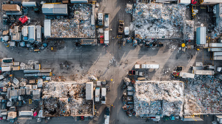 This aerial image showcases a waste management facility filled with piles of trash and industrial trucks, highlighting urban waste challenges and management strategies.の素材