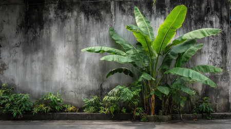 Explore a vibrant scene featuring lush tropical plants against a weathered wall, showcasing the beautiful interplay of nature and urban life in natural light.の素材