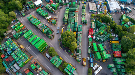 This aerial image captures a vibrant container yard featuring an array of organized green cargo units. The intricate layout demonstrates efficient logistics and transportation.の素材
