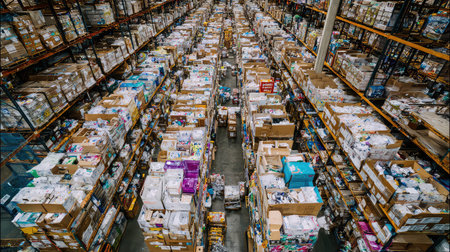 An impressive aerial view showcases a busy warehouse filled with neatly organized boxes and products. The scene highlights effective inventory management and organization in a bustling logistics environment.の素材
