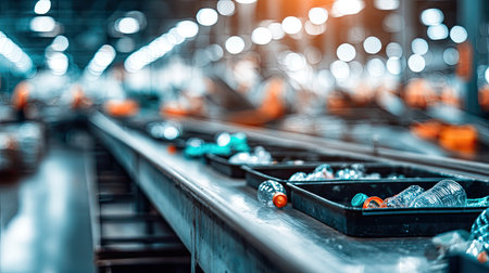 An industrial recycling facility showcasing plastic bottles on a conveyor belt, highlighting the importance of sustainability and waste management practices in operations.の素材