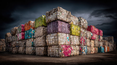 This striking image showcases colorful stacks of compressed bales of recycled materials against a dramatic sky, highlighting efforts in waste management and sustainability.の素材