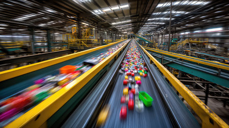A vibrant scene showcasing a busy production line in a warehouse, featuring colorful plastic components moving rapidly on a conveyor belt system.の素材