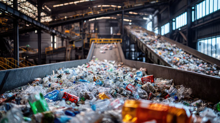 An overview of a waste management facility shows a conveyor belt transporting recyclable plastic bottles amidst an industrial backdrop, highlighting pollution issues.の素材