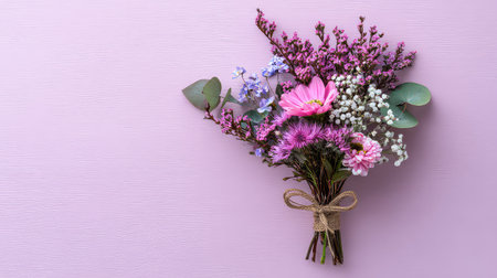 This vibrant bouquet features a stunning mix of pink and purple flowers paired with eucalyptus, beautifully arranged on a soft purple background. Perfect for celebrations or gifting.の素材