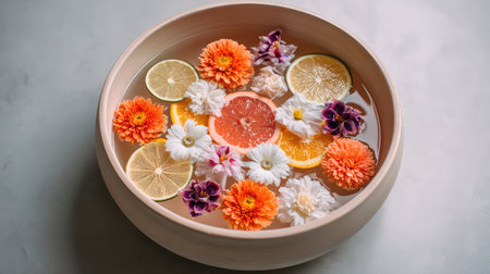 A stunning display of vibrant citrus slices and delicate flowers arranged in a bowl filled with serene water, perfect for enhancing tranquility and beauty.の素材