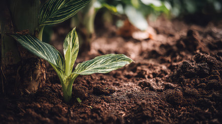 A young green plant emerges from rich dark soil, illuminated softly in a serene garden setting, symbolizing new beginnings and growth in nature.の素材
