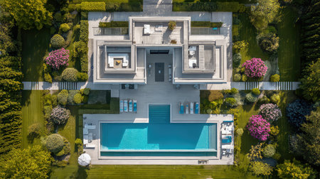 This stunning aerial view showcases a modern luxury villa with a pristine pool surrounded by vibrant gardens, epitomizing relaxation and elegance.の素材