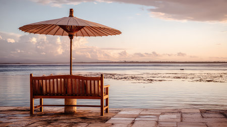 A serene beachside scene featuring a wooden bench under an umbrella, set against the backdrop of a stunning sunset over calm waters, perfect for relaxation.の素材