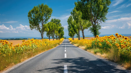 Experience a picturesque countryside scene featuring a serene road bordered by vibrant sunflowers and lush trees under a clear blue sky.の素材