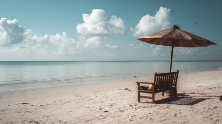 A serene beach scene featuring a wooden bench under a straw umbrella, inviting relaxation with calm waters and soft clouds. Ideal for peaceful getaways.の素材