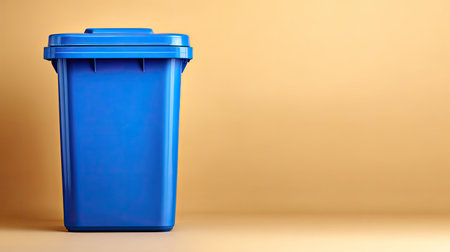 A bright blue recycling bin stands in isolation against a soft beige background, representing eco-friendly waste management solutions for a cleaner environment.の素材