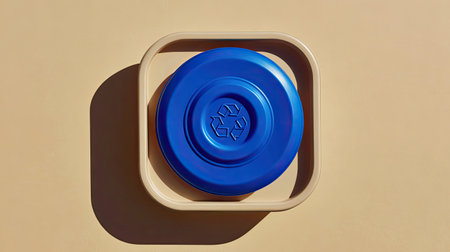 A vibrant blue recycling bin featuring a recognizable symbol prominently displayed against a neutral beige wall, emphasizing environmental responsibility.の素材